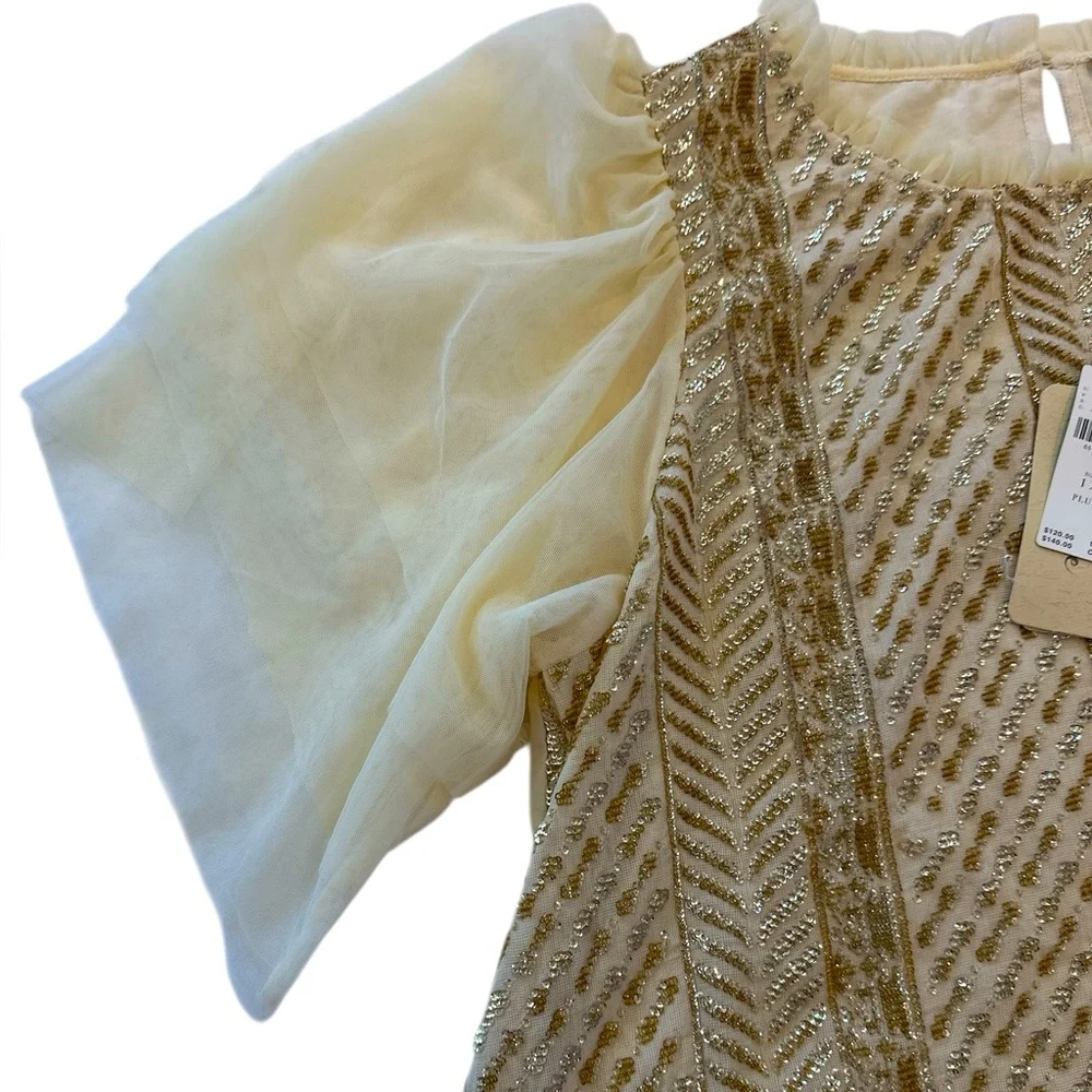 Anthropologie Gold and Cream Embellished Puff-Sleeve Blouse
